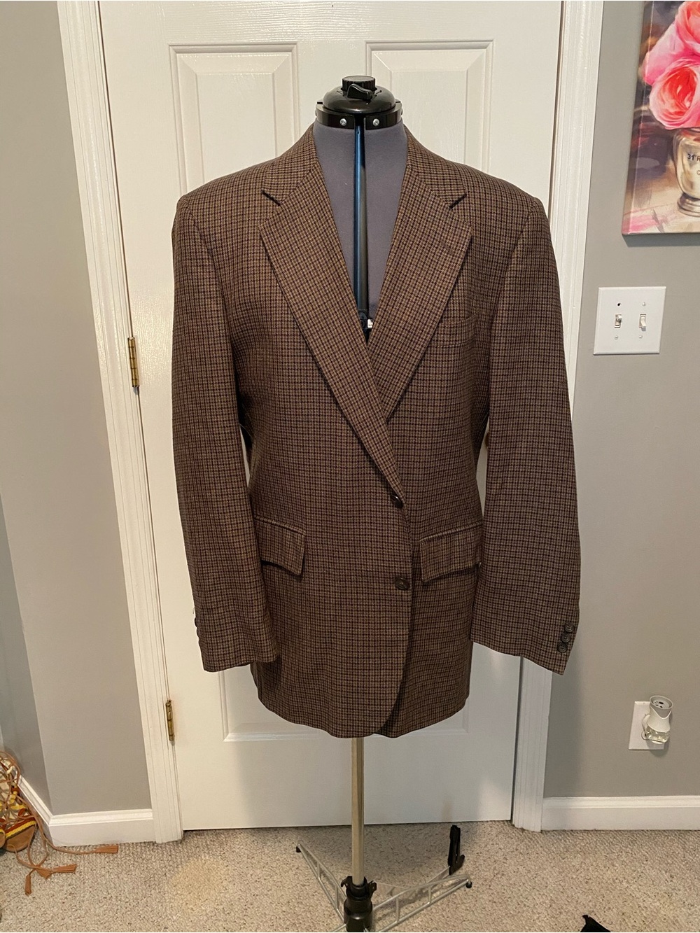 Jos A Bank 44L Brown Houndstooth Wool Blazer Sport Coat Mens 107
